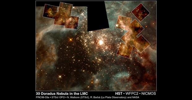 La imagen tomada en luz visible por el Telescopio Espacial Hubble de la NASA es un mosaico compuesto por cinco diferentes campos, obtenidos entre los años 1994 y 2000. La imagen descubre la gran Nebulosa de 30 Doradus en todo su esplendor.